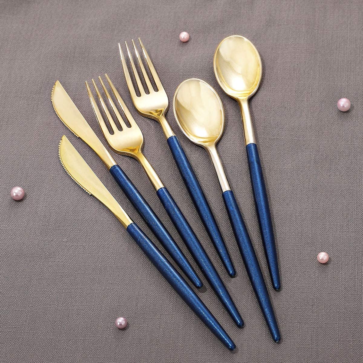 180 Pieces Gold Plastic Cutlery,Gold Flatware with Blue Glitter Handle,Disposable Gold and Blue Cutlery,Suitable for Party,Birthday,Wedding