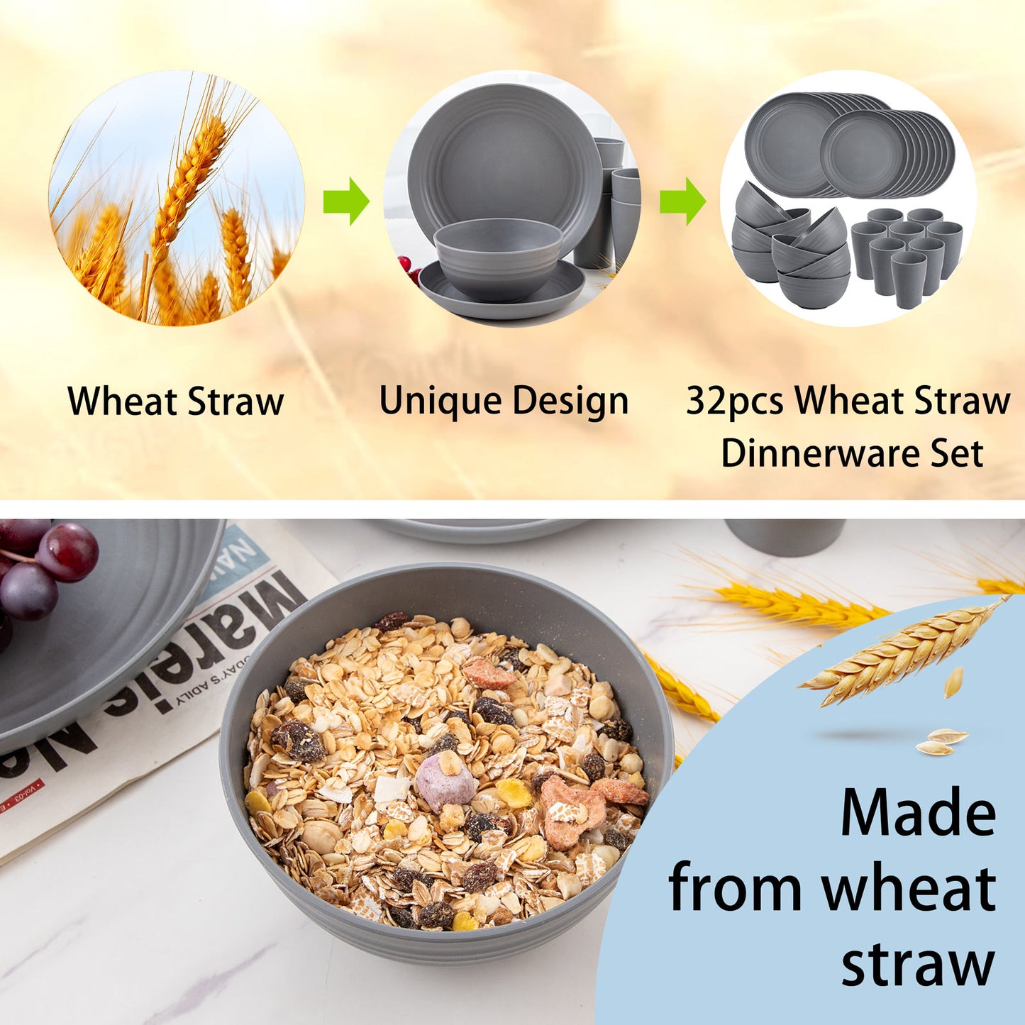 32pcs Wheat Straw Dinnerware Sets,Unbreakable Dinnerware Sets for 8,Reusable Tableware,Straw Tableware,Dark Grey Set 16pcs Plates, 8pcs Bowls, 8pcs Cups