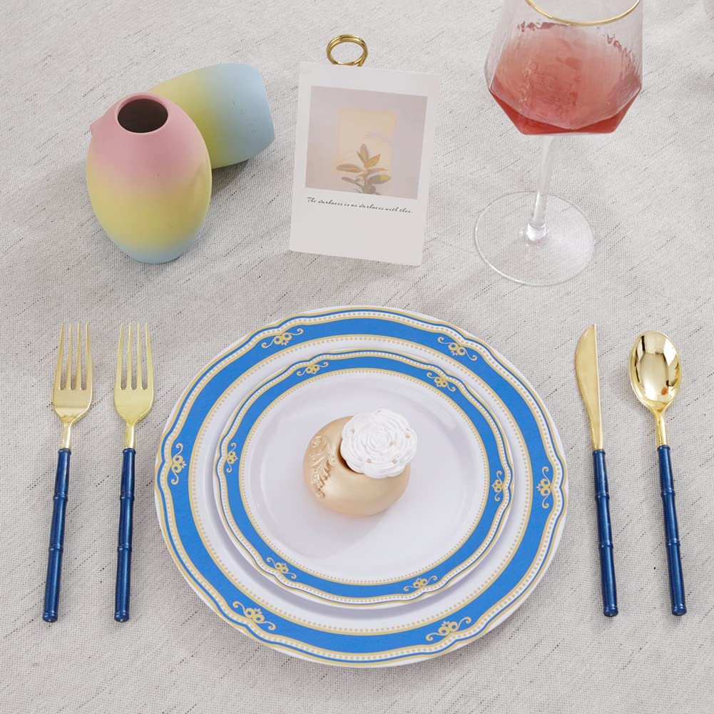 180 Pieces Gold Plastic Silverware,Gold Plastic Cutlery with Blue Glitter Bamboo Handle,Elegant Plastic durable Cutlery,60 Gold Knives,60 Gold Forks,60 Gold Spoons