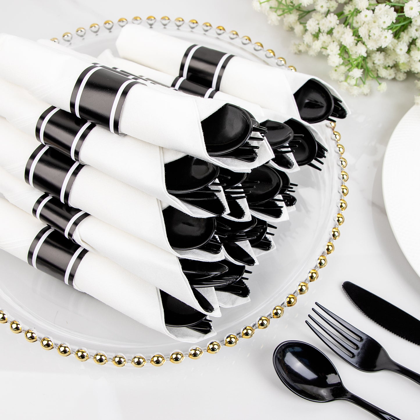 60 Pack Black Plastic Silverware,Rolled Plastic Silverware,Pre Wrapped Black Silverware,Heavy Duty Plastic Cutlery,Plastic Forks and Spoons,Rolled Cutlery with Napkins,Pre Wrapped Cutlery