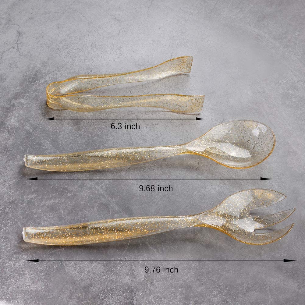 72 pcs Plastic Serving Utensils,Gold Plastic Silverware,24 pcs 10" Plastic Serving Spoons,24 pcs 10" Plastic Serving Forks,24pcs 6.3" Plastic Serving Tongs,Perfect for Birthday,Party,Wedding