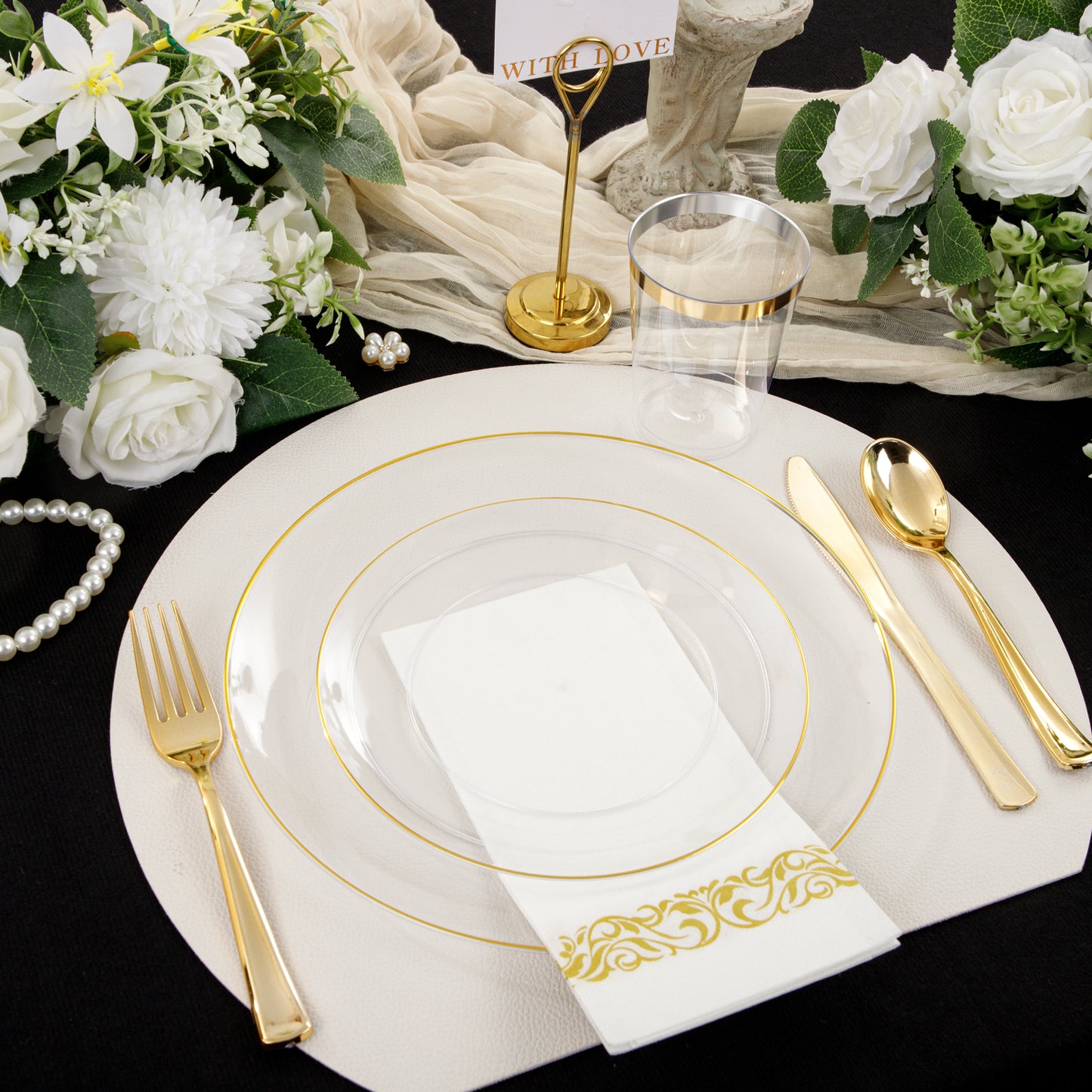 350PCS Clear and Gold Plastic Dinnerware Include Clear and Gold Plastic Plates Gold Plastic Silverware Heavy Duty,Gold Plastic Cups, Gold Napkins for Birthday Parties, Weddings