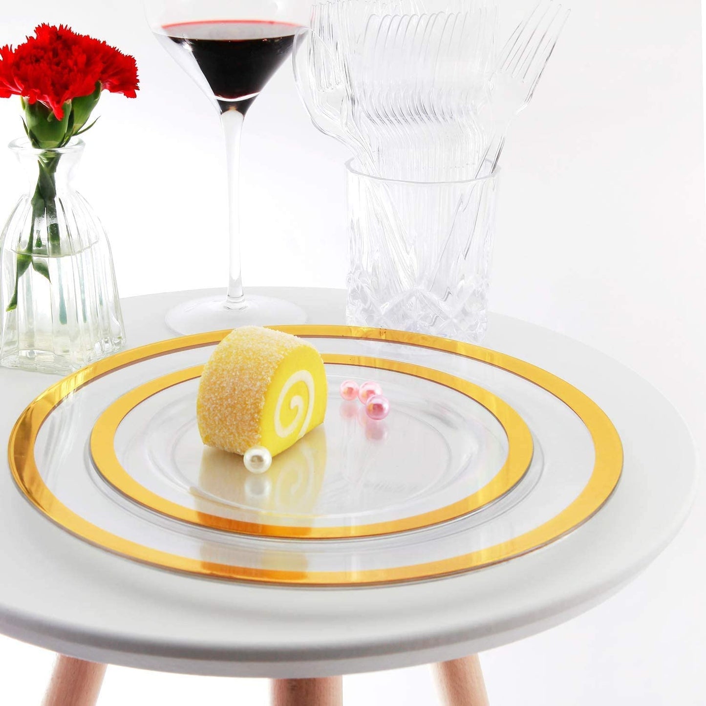 120pcs Plastic Gold plates Clear Plastic Plates with Unique Design Disposable Plates Heavy Duty Includes:60 Durable Dinner Plates 10.25" and 60 Dessert Plates 7.5"