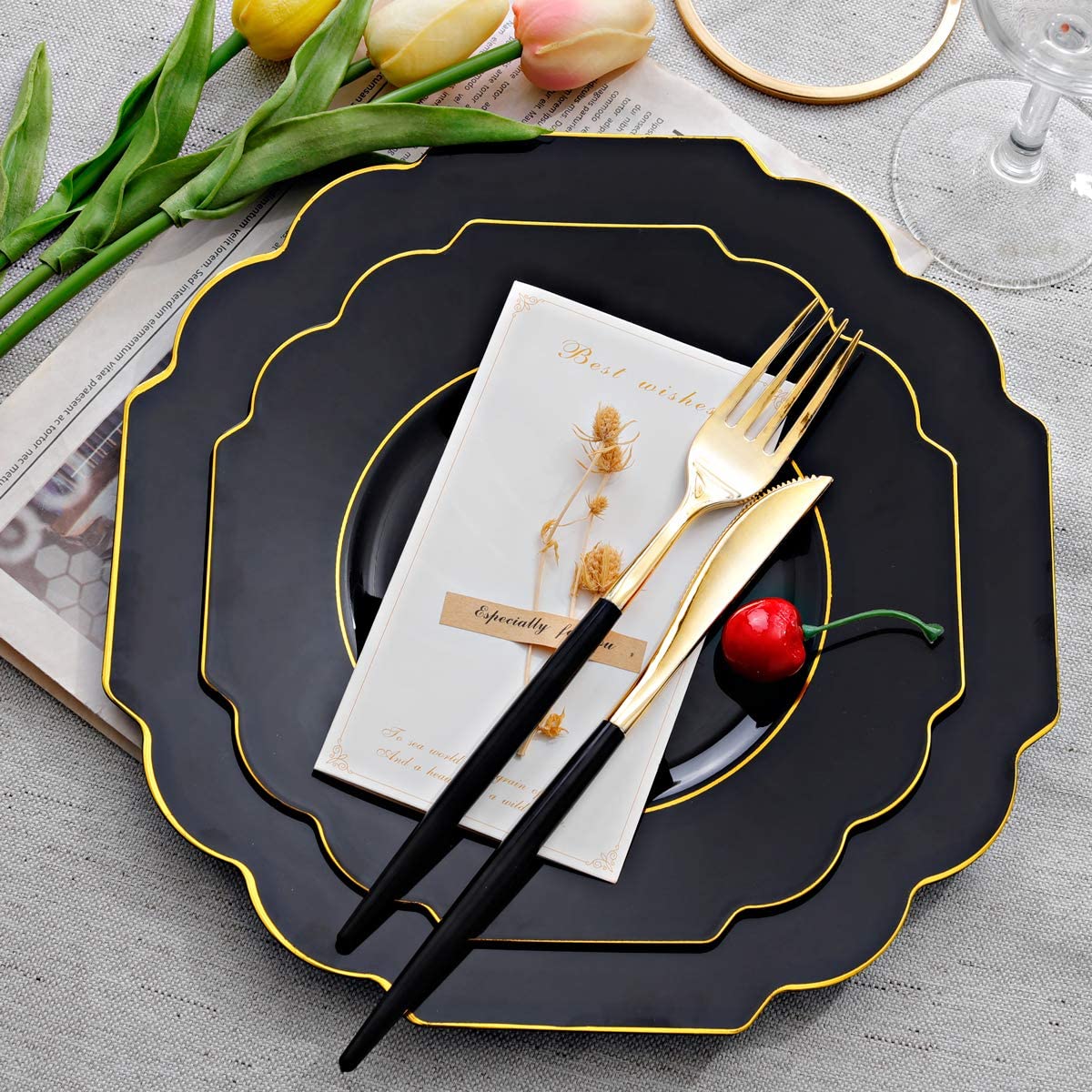 60pcs Black Plastic Plates,Black and Gold Plates Baroque,Gold Plates Plastic,Include 30 Plastic Dinner Plates,30 Appetizer Plates,Suit For Party, Birthday, Wedding, Easter and Monther's Day