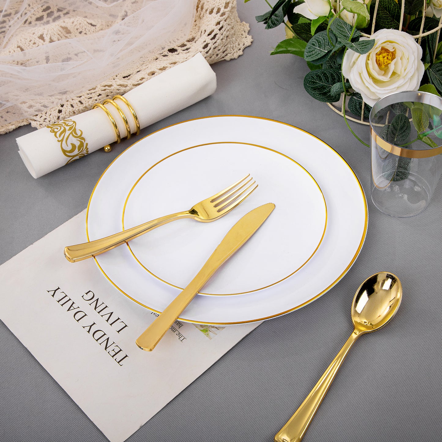 350PCS Gold Plastic Plates,White and Gold Plastic Dinnerware Set,White Plastic Plates with Gold Rim,include 100 Plastic Plates, 150 Gold Plastic Silverware, 50 Cups, 50 Napkins for Wedding