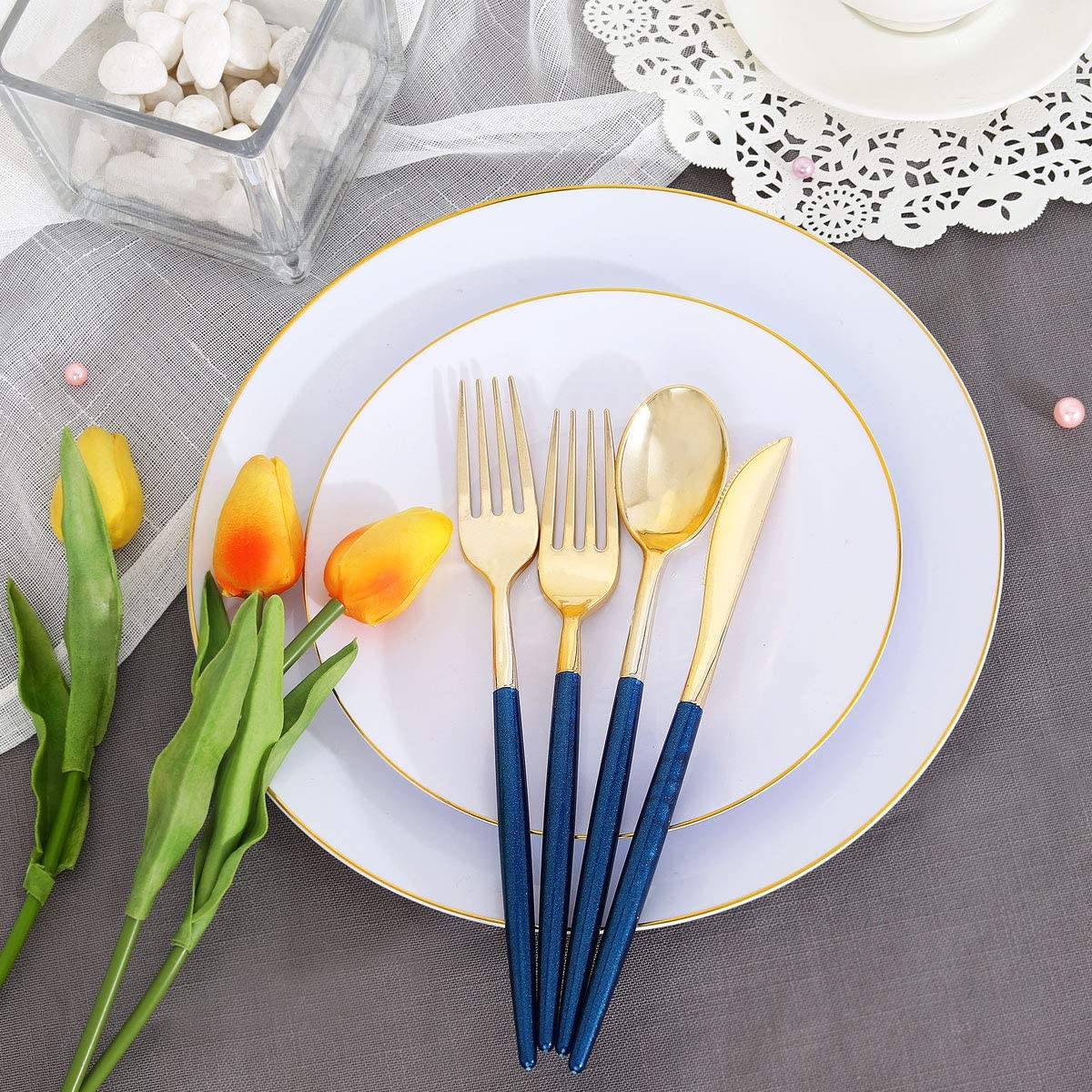 180 Pieces Gold Plastic Cutlery,Gold Flatware with Blue Glitter Handle,Disposable Gold and Blue Cutlery,Suitable for Party,Birthday,Wedding