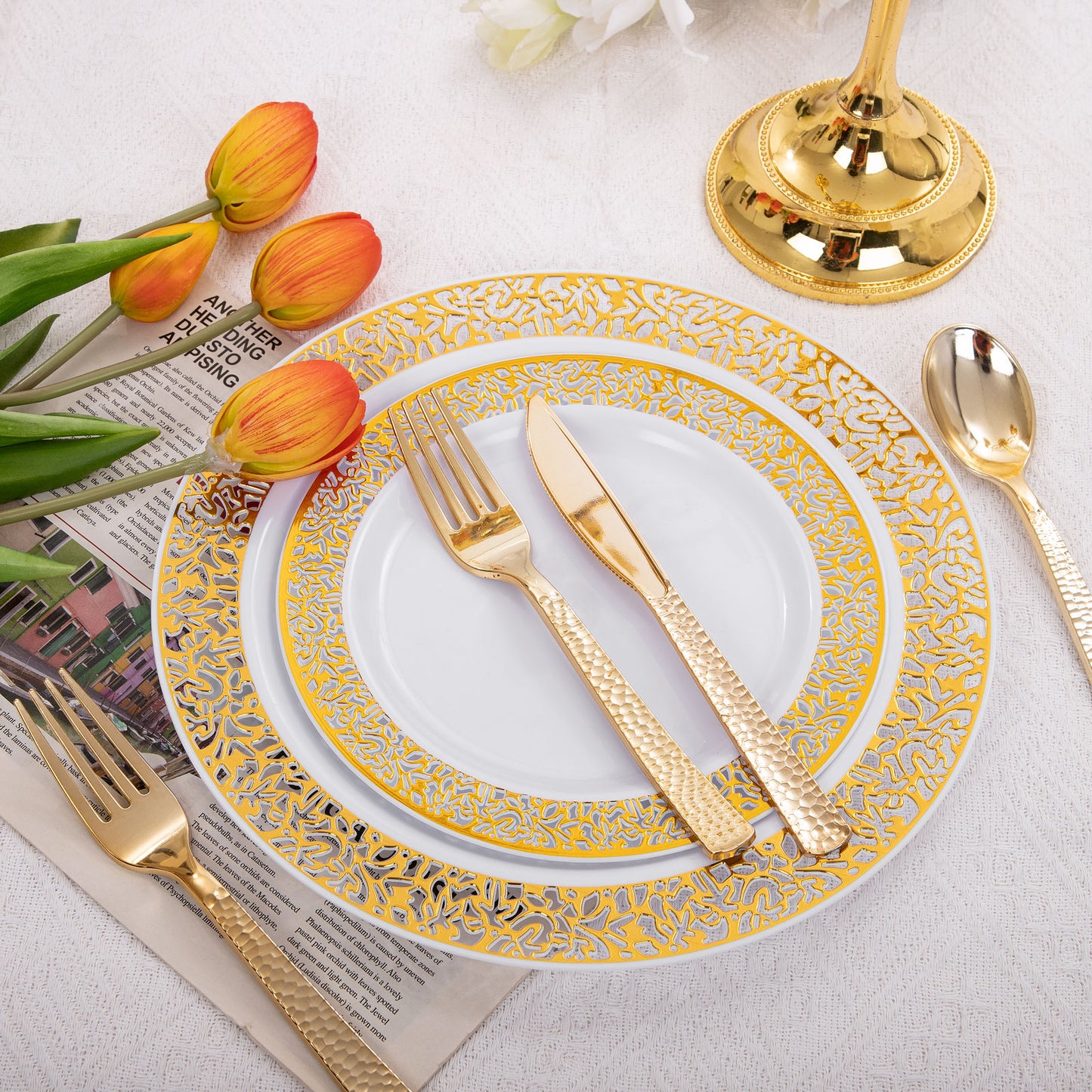 360pcs Plastic Gold Silverware,Cutlery,Disposable Utensils,120 Gold Knives,120 Gold Forks,120 Gold Spoons,Perfect for Birthday,Party,Wedding