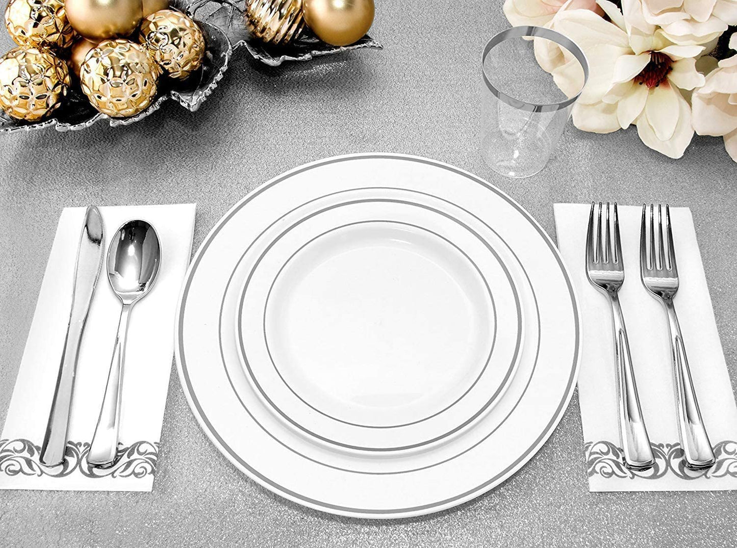 400pcs Silver Plastic Dinnerware Set,Silver and White Plastic Plates, Silver Plates Disposable for Party Wedding Plates,Silver Plastic Cutlery,Silver Cups Suit for Holiday Party Birthday
