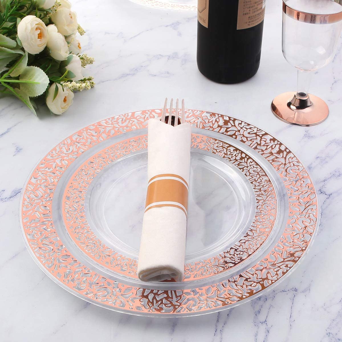 Set of 30packs,Rose Gold Plastic Silverware, Pre Rolled Napkin with Cutlery, Disposable Silverware with Rose Gold Linen Napkin, Wrapped Plastic Silverware Set Suit for Party,Wedding