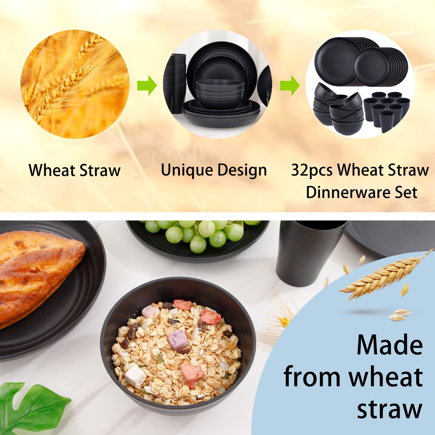 Wheat Straw Dinnerware Sets,Unbreakable Dinner Plates for 8,Microwave Dishwasher Safe,Reusable Dinnerware,Black Set 16pcs Plates, 8pcs Bowls, 8pcs Cups.
