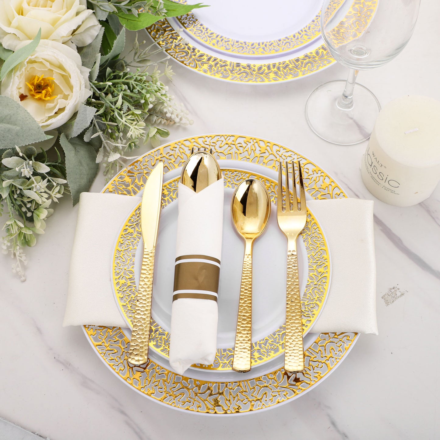 60 Pack Gold Plastic Silverware,Pre Rolled Silverware Set Disposable,Plastic Silverware Set for Parties,Plastic Utensils Heavy Duty include Linen Napkins,For Party and Weddings