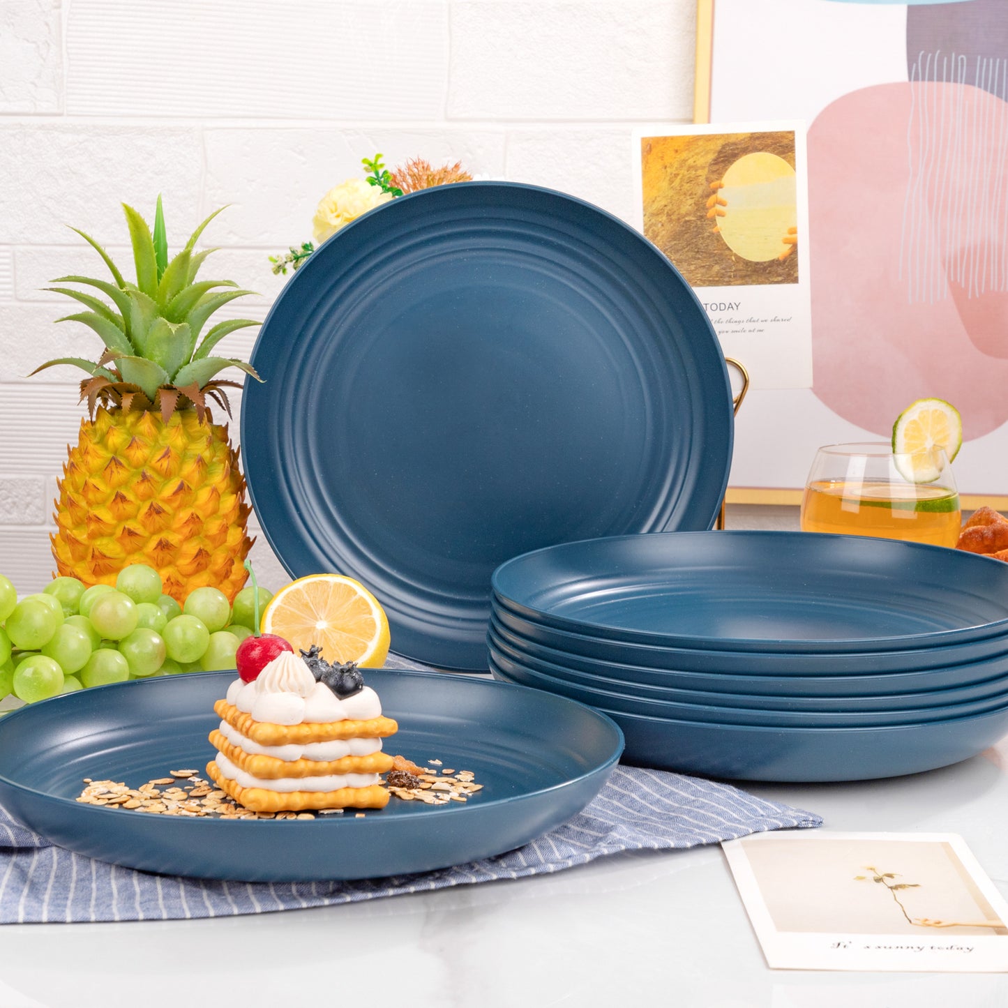 16pcs Dark Blue Wheat Straw Plates,Deep Dinner Plates Set,Premium Reusable Plastic Plates,Unbreakable Party Plates,Dishwasher & Microwave Safe for Camping, Picnic