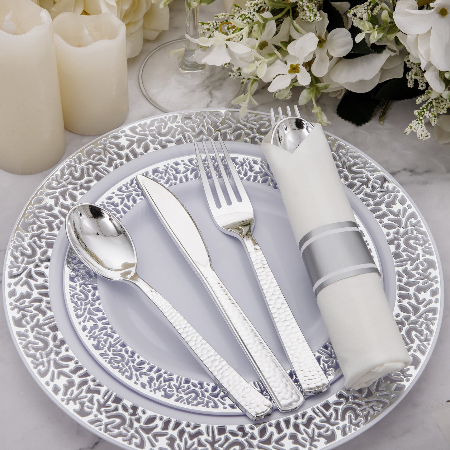 60 Pack Pre-Rolled Napkins with Silver Plastic Utensils,Heavy Duty Wrapped Cutlery,Silver Plastic Silverware, Forks and Spoons,Premium Disposable Plastic Silverware Sets for Any Occasion.
