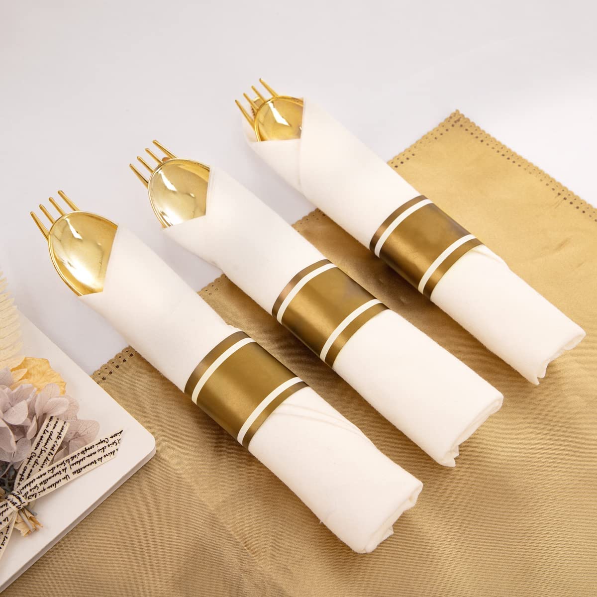 Set of 30pack, Pre Rolled Napkin with Gold Plastic Silverware, Disposable Gold Silverware with Linen Napkin, Heavy Weight, Wrapped Plastic Silverware Suit for Wedding, Catering Event, Party