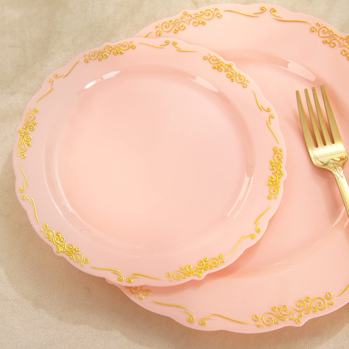 210 Pink Gold Plastic Plates ＆ Gold Plastic Silverware,Gold Plastic Cups,Dessert/Salad Plate with Gold Rim,Gold Cutlery,Gold Napkins,Suit for Mothers Day, Bridal Shower, Wedding,Party