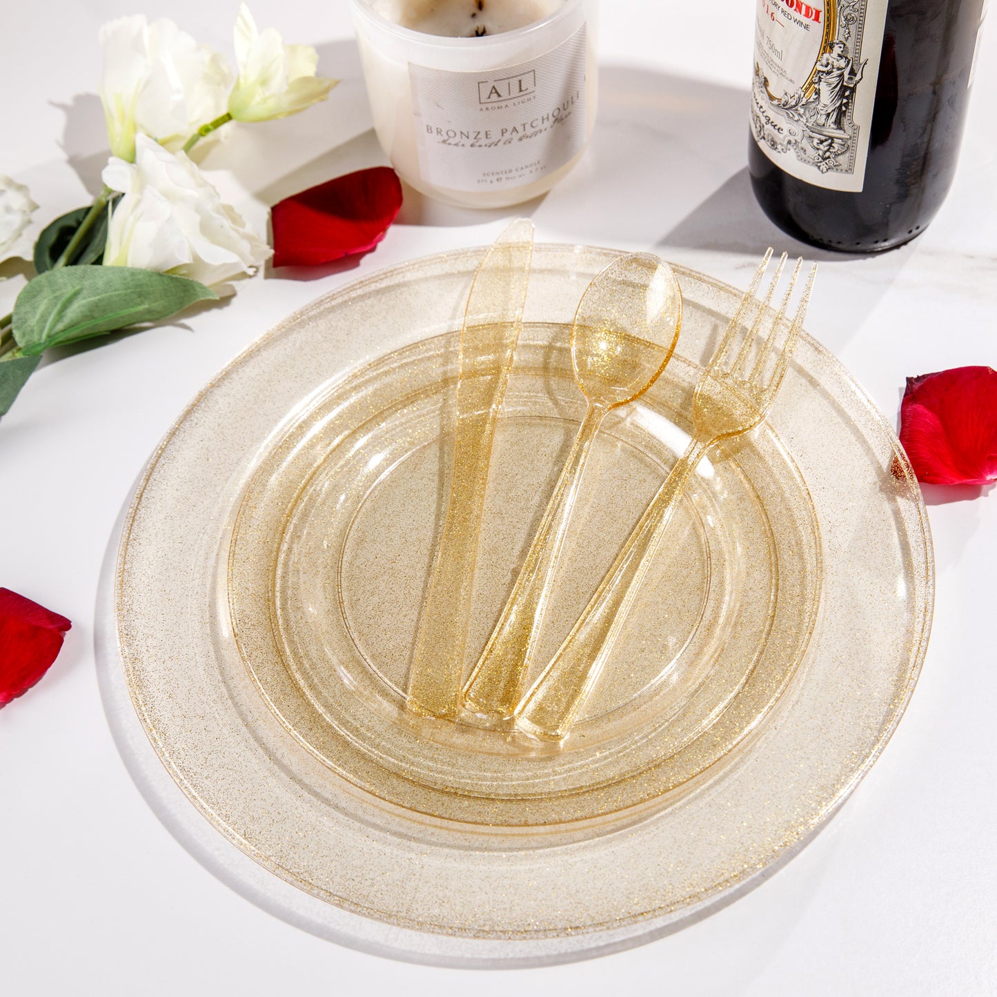 300pcs Gold Plastic Silverware,Gold Disposable Utensils,Gold Glitter Dinnerware Include 100pcs Plastic Gold Forks,100pcs Gold Spoons & 100pcs Gold Knives Perfect for Birthday, Wedding