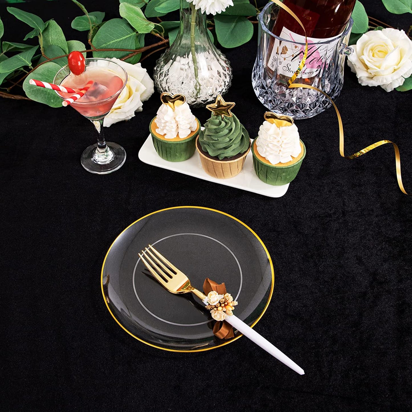 96pcs Dessert Plates Set Include 48pcs Gold Plastic Dessert Plates,48pcs Gold Dessert Forks,Disposable Clear Appetizer Plates 7.5", Perfect for Parties or Weddings