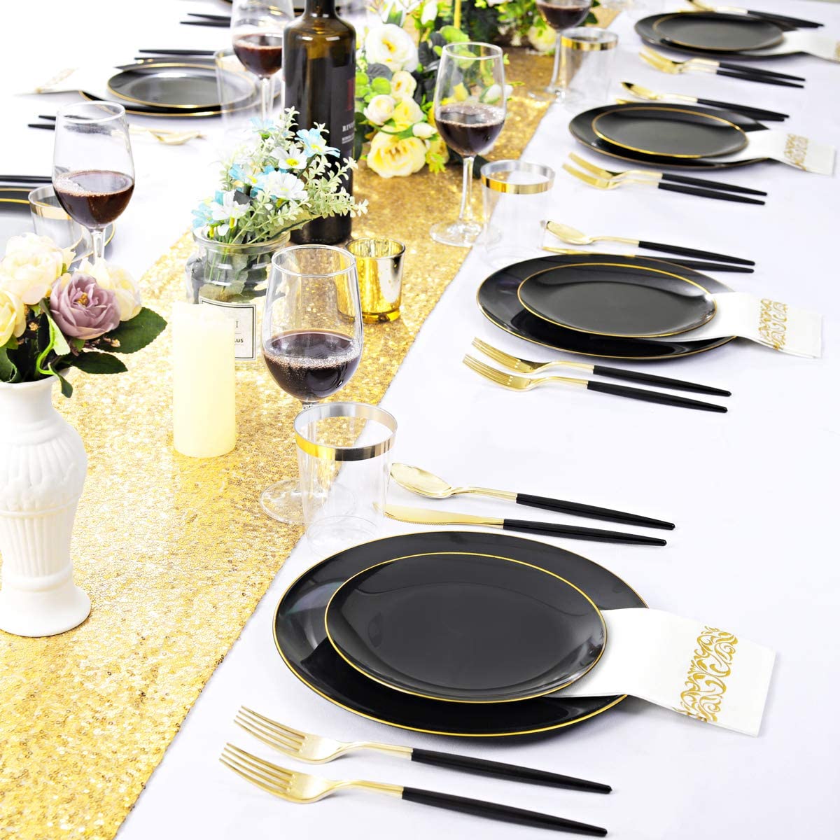 350pcs Black Plastic Dinnerware Set,Black Plastic Plates with Gold Rim,Black and Gold Plastic Plates,Gold Plastic Silverware,Wedding Party Plates,Plastic Cups with Gold Rim for Halloween