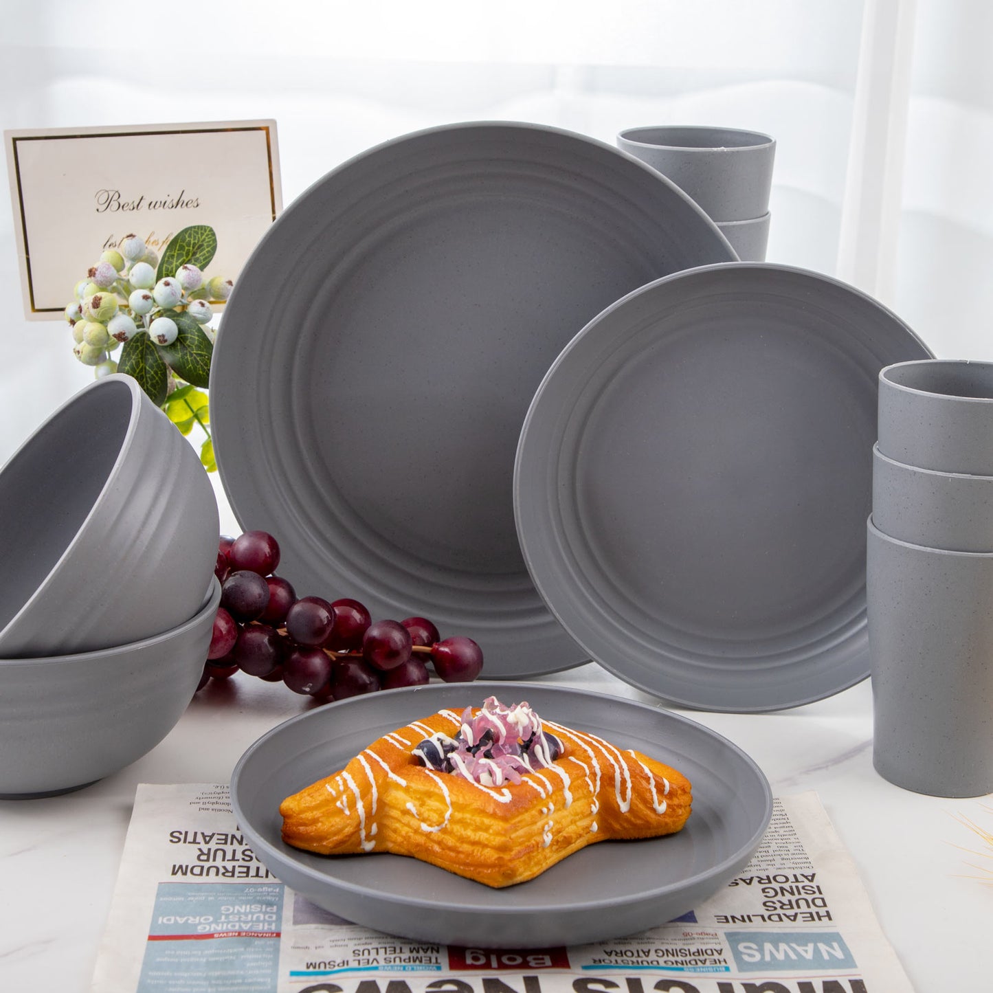 32pcs Wheat Straw Dinnerware Sets,Unbreakable Dinnerware Sets for 8,Reusable Tableware,Straw Tableware,Dark Grey Set 16pcs Plates, 8pcs Bowls, 8pcs Cups