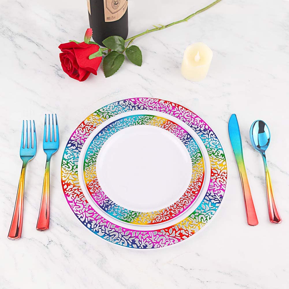 60pcs Gold Plastic Plates,Disposable Lace Plates,Rainbow Plastic Plates,Tie-dye Plates,Birthday Party Plates Include 30 Dinner Plates,30 Salad Plates,Perfect for Birthday,Party,Wedding