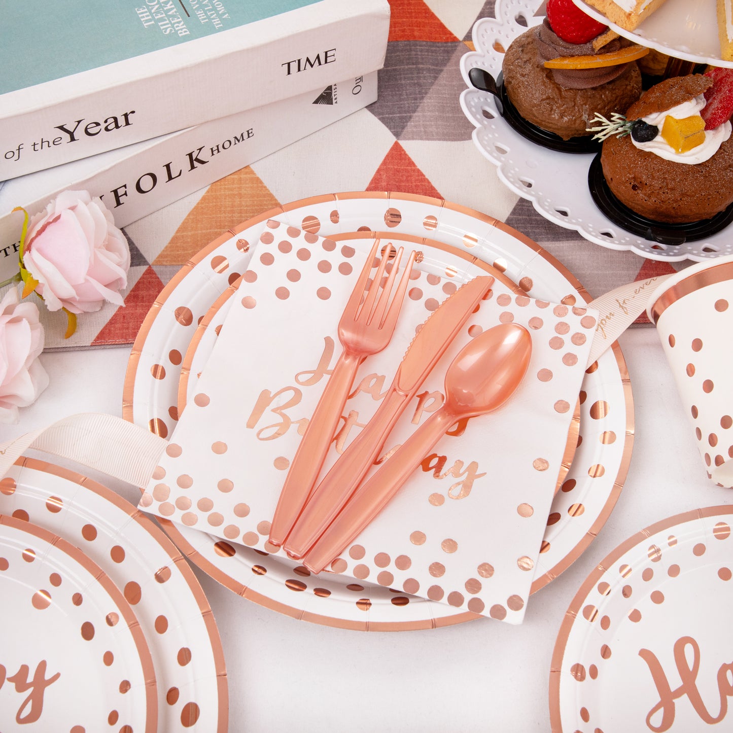 350pcs Rose Gold Plates and Napkins Party Supplies,Birthday Plates,Happy Birthday Paper Plates,Rose Gold Birthday Plates and Napkins,Cups,Forks,Knives,Spoon for Women Birthday Decorations