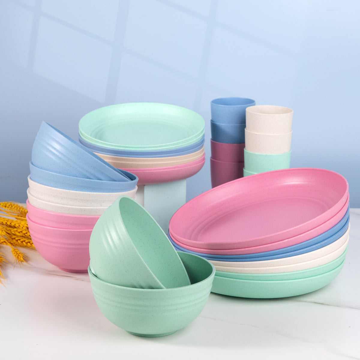 Wheat Straw Dinnerware, Microwave Dishwasher Safe, Unbreakable Light Weight Plates Service For 8, Reusable Tableware Set, Multicolor Set 16pcs Plates, 8pcs Bowls, 8pcs Cups