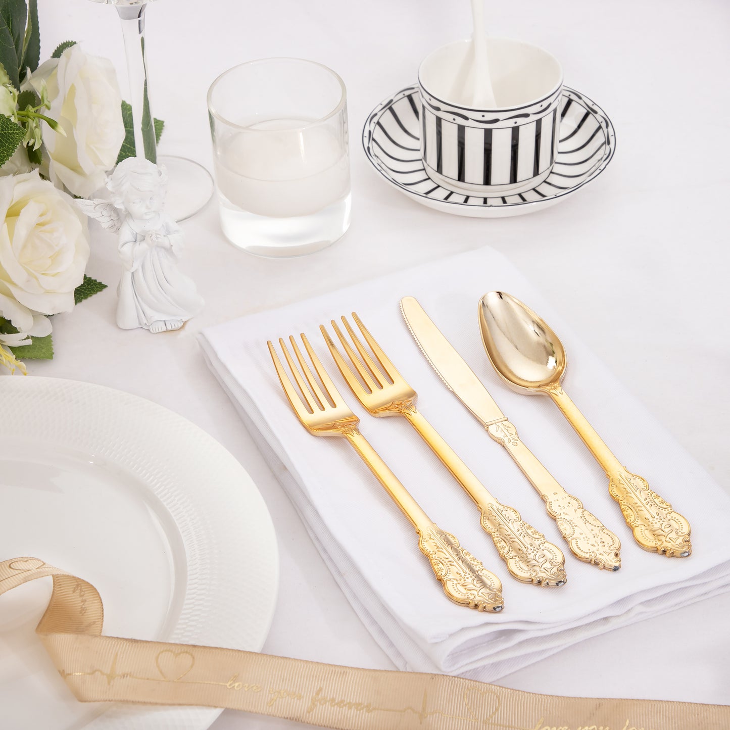 360pcs Gold Plastic Silverware, Gold Silverware Disposable, Gold Plastic Cutlery, 120 Gold Plastic Forks, 120 Gold Plastic Spoons, 120 Gold Plastic Knives for Birthday, Party, Wedding