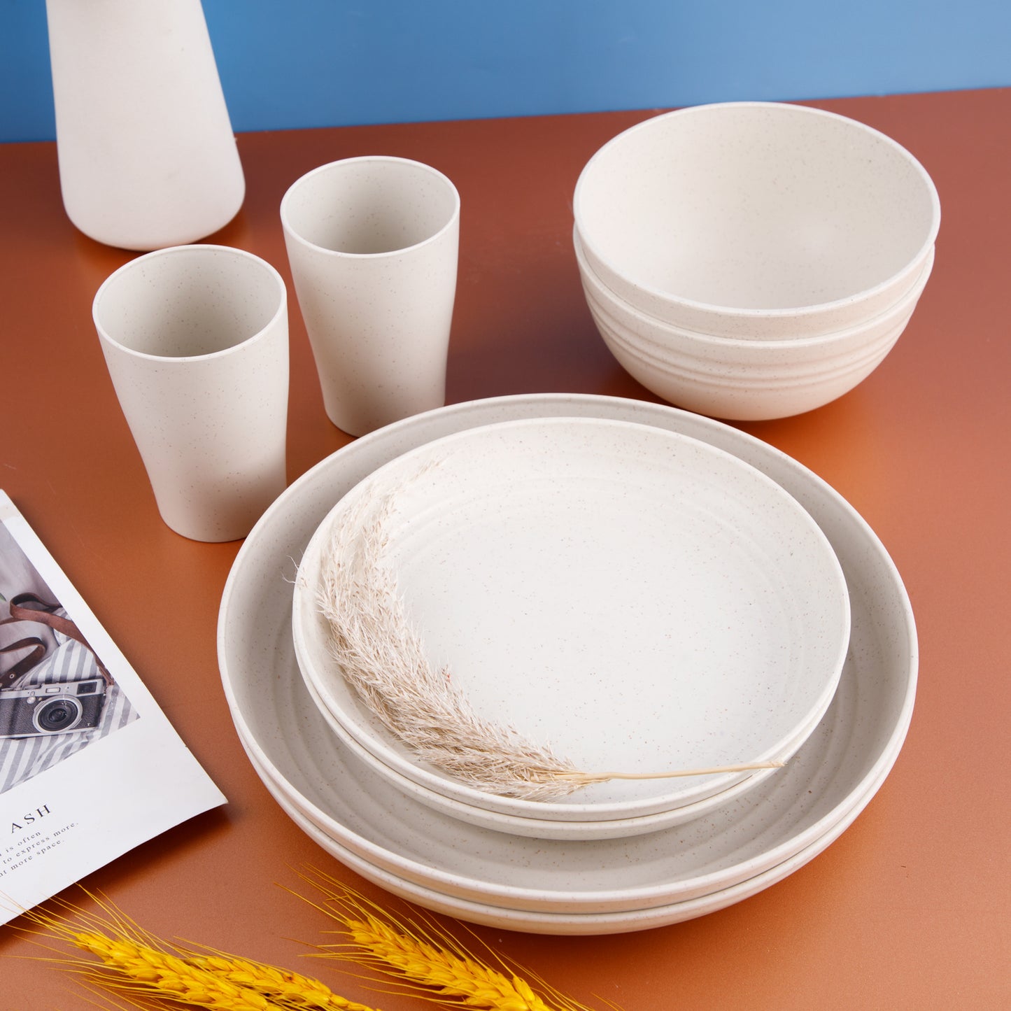 Wheat Straw Dinnerware Sets for 8,Microwave Dishwasher Safe,Unbreakable Dinnerware,Reusable Tableware Set,Beige Set 16pcs Plates, 8pcs Bowls, 8pcs Cups.