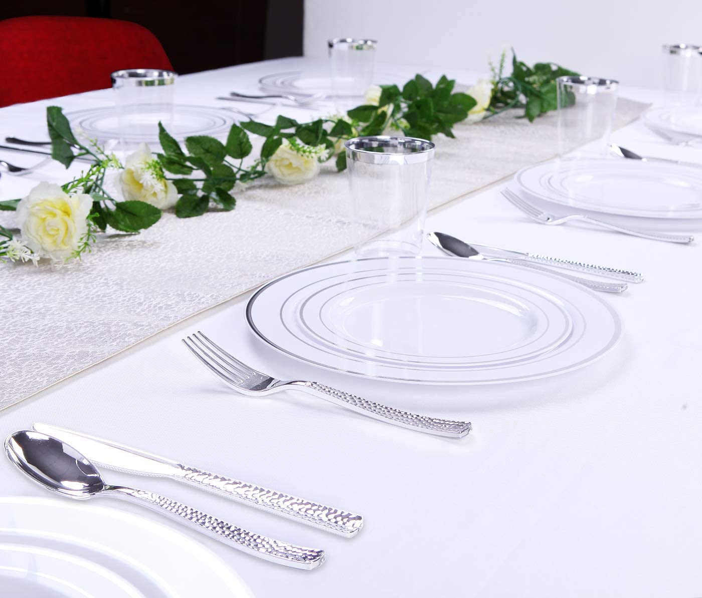 180 pieces Silver Plastic Silverware,Disposable Plastic Silverware,Party Plastic Flatware,Perfect Plastic Silver Cutlery for Birthday,Party,Wedding
