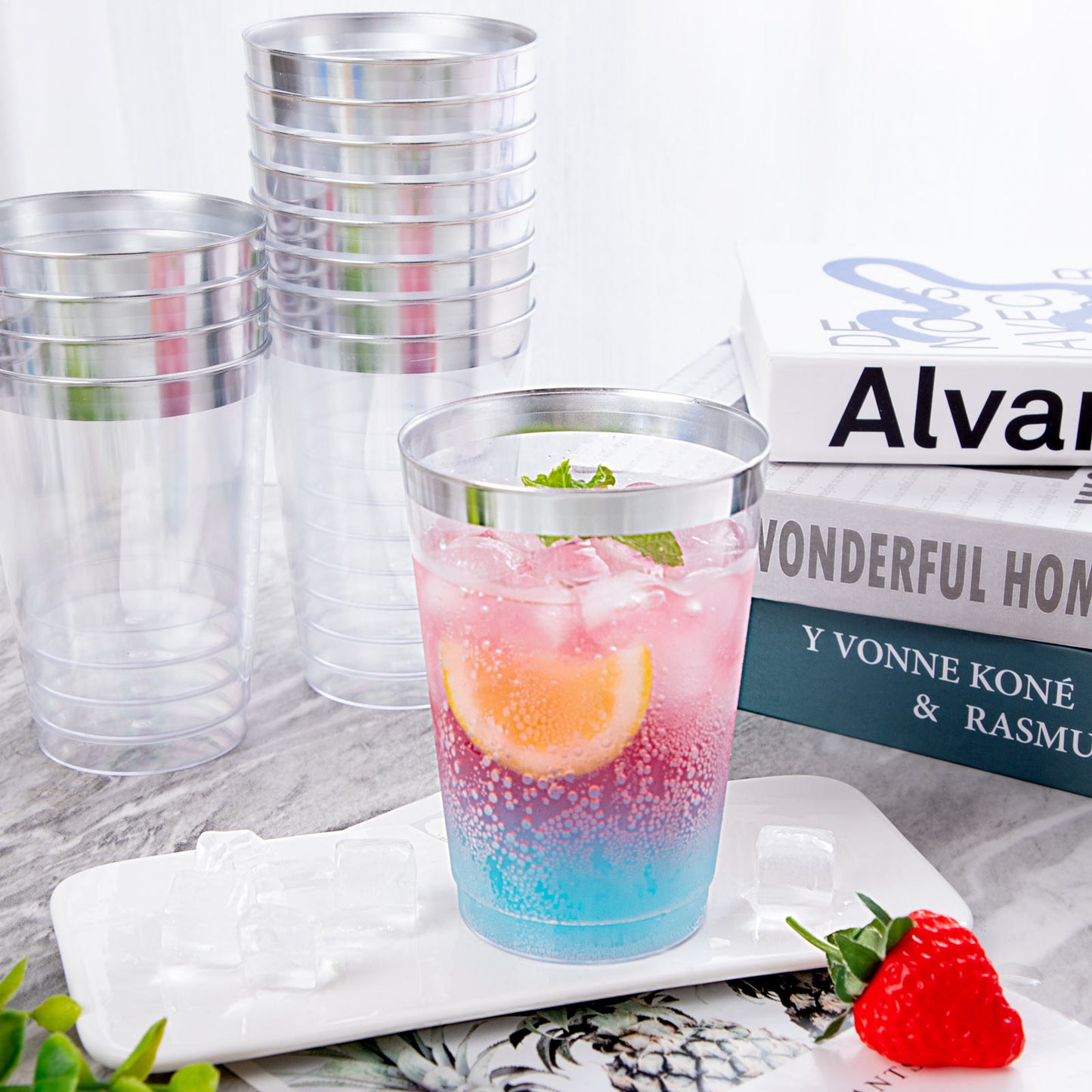 200pcs Silver Plastic Cups,12oz Clear Plastic Cups Tumblers,Silver Rimmed Cups,Elegant Party Cups,Premium Silver Disposable Cups,clear party cups,Plastic Wine Glasses,Plastic Cups for Party