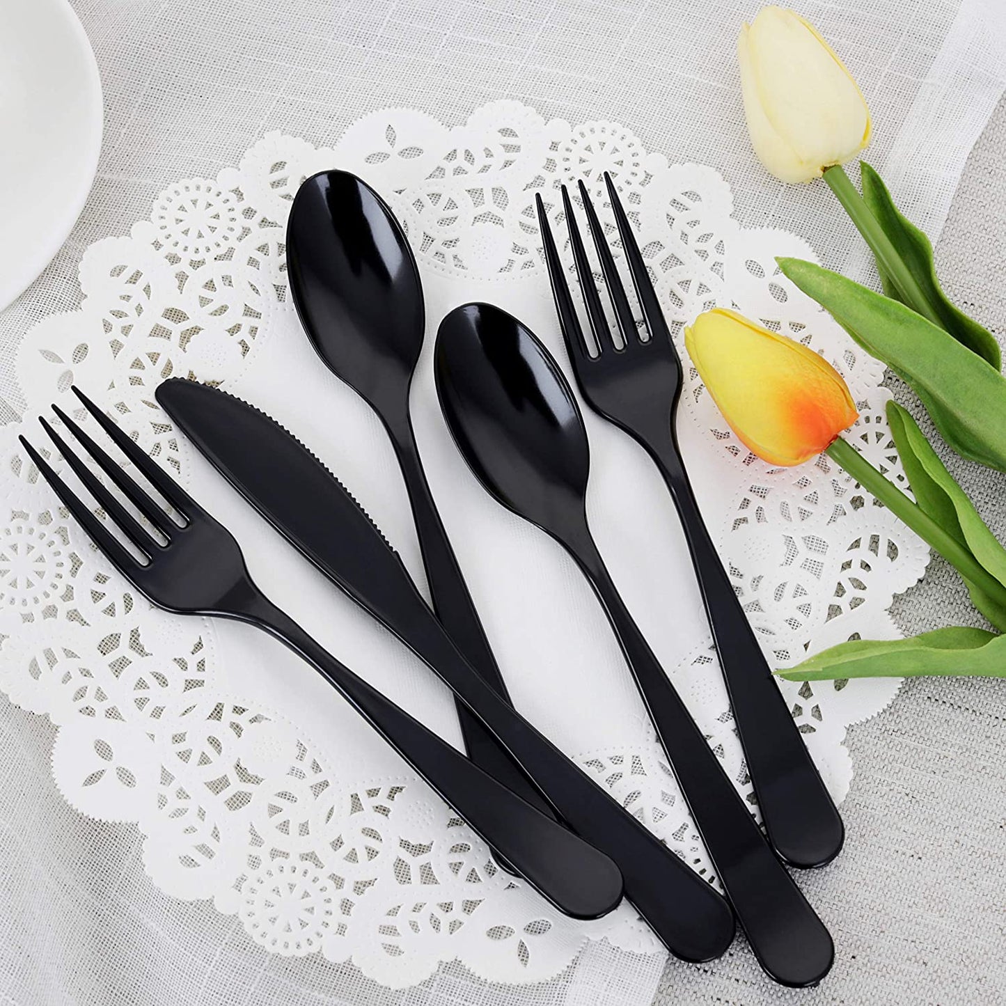 360pcs Black Plastic Utensils Black Plastic Cutlery Plastic Forks and Spoons 120 Plastic Forks 120 Plastic Spoons 120 Plastic Knives Plastic Party Cutlery Pack Set for Party Wedding Birthday