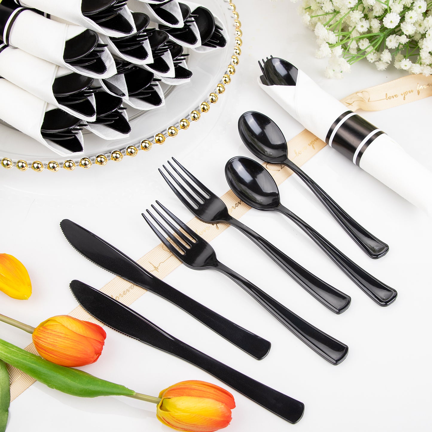60 Pack Black Plastic Silverware,Rolled Plastic Silverware,Pre Wrapped Black Silverware,Heavy Duty Plastic Cutlery,Plastic Forks and Spoons,Rolled Cutlery with Napkins,Pre Wrapped Cutlery