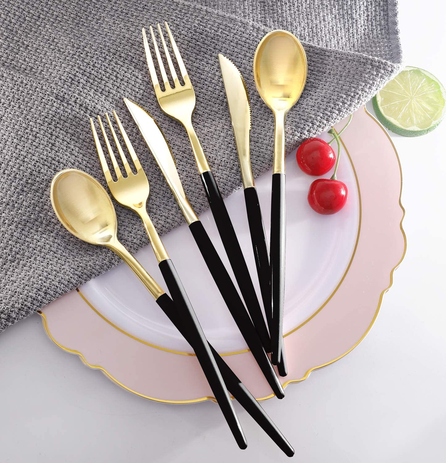 102pcs Gold Plastic Siverware,Gold Plastic Cutlery with Black Handle,Gold Plastic Flatware,Gold Forks and Spoons,34 Knives,34 Forks,34 Spoons,Great for Wedding, Party and Birthday