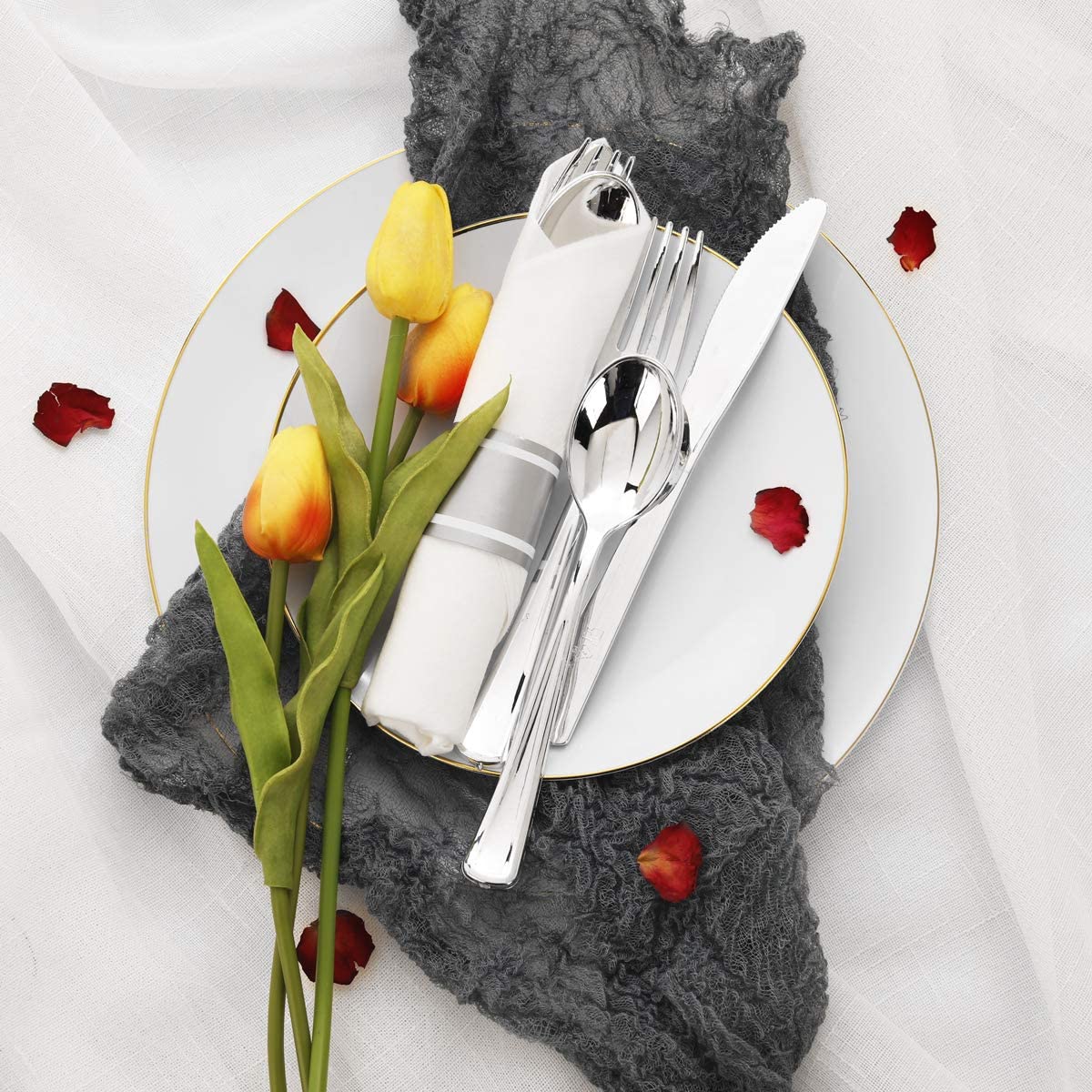 60 Pack Silver Plastic Silverware,Pre Rolled Silverware,Premium Disposable Silver Cutlery,Suit for Wedding,Catering Event,Birthday,Party