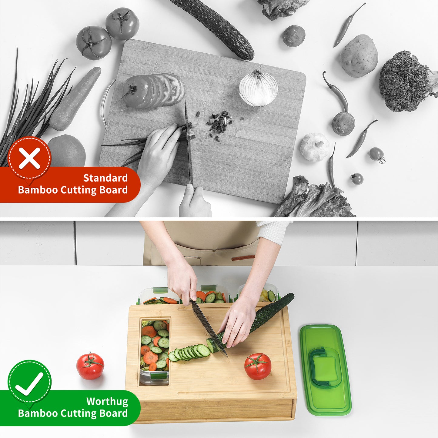 Cutting Board with Containers,Bamboo Cutting Board Set with Stackable,Smart Cutting Board,Large Chopping Boards Set,Storage Box with Lid,Graters, Easy To Clean Kitchen Prep Station