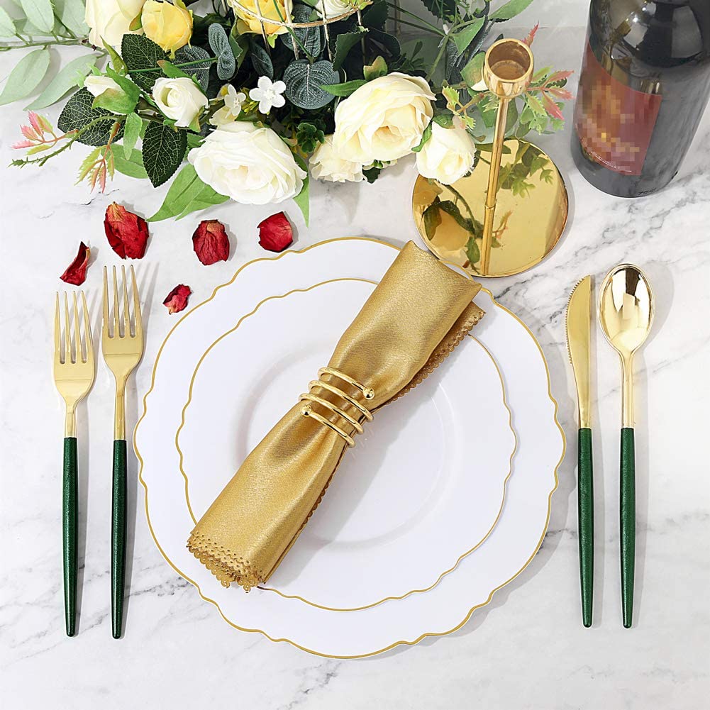 180pcs Gold Plastic Silverware,Green Plastic Cutlery,Gold Cutlery Plastic with Green Glitter Handle,Include 45 Knives,45 Dinner Forks,45 Dessert Forks,45 Spoons,Suit for Party,Birthday