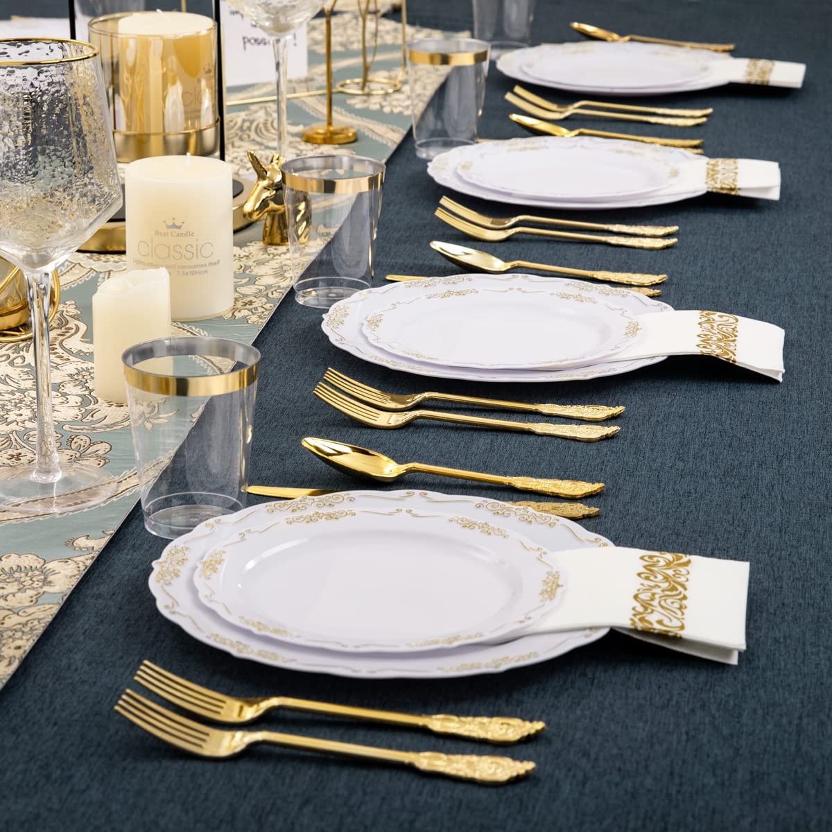 800pcs Gold Dinnerware Set,100pcs 10.25" Gold Rim Dinner Plates,100pcs 7.5" Gold Dessert Plates,400 Gold Plastic Silverware,100 Gold Cups,100 Gold Napkins,100 Guest Dinnerware