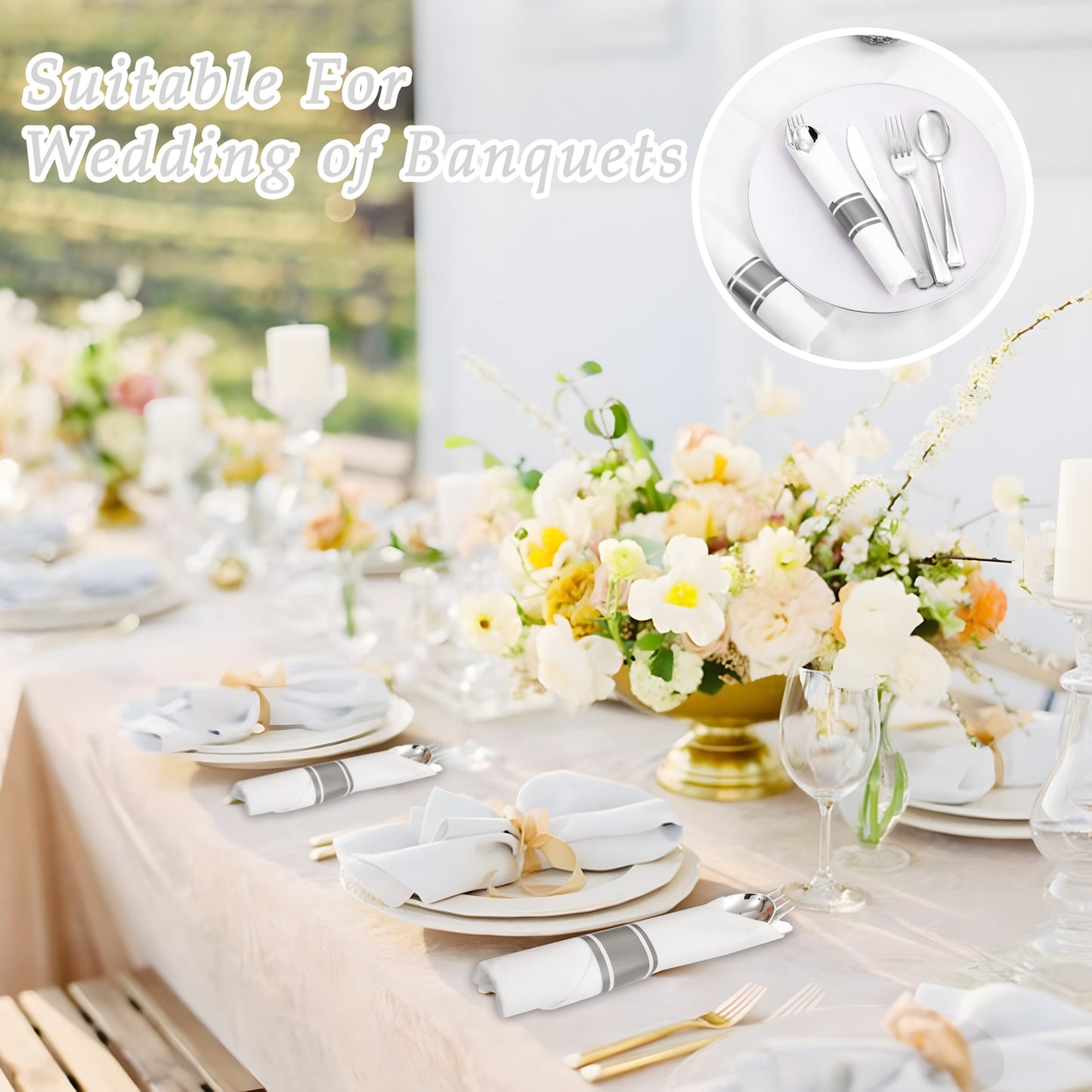 Silver Plastic Silverware,Rolled Plastic Silverware,Pre Rolled Napkins with Plastic Cutlery Set,Wrapped Plastic Cutlery Set with Napkin,Silverware Set Disposable Dinnerware Set 120 Guests