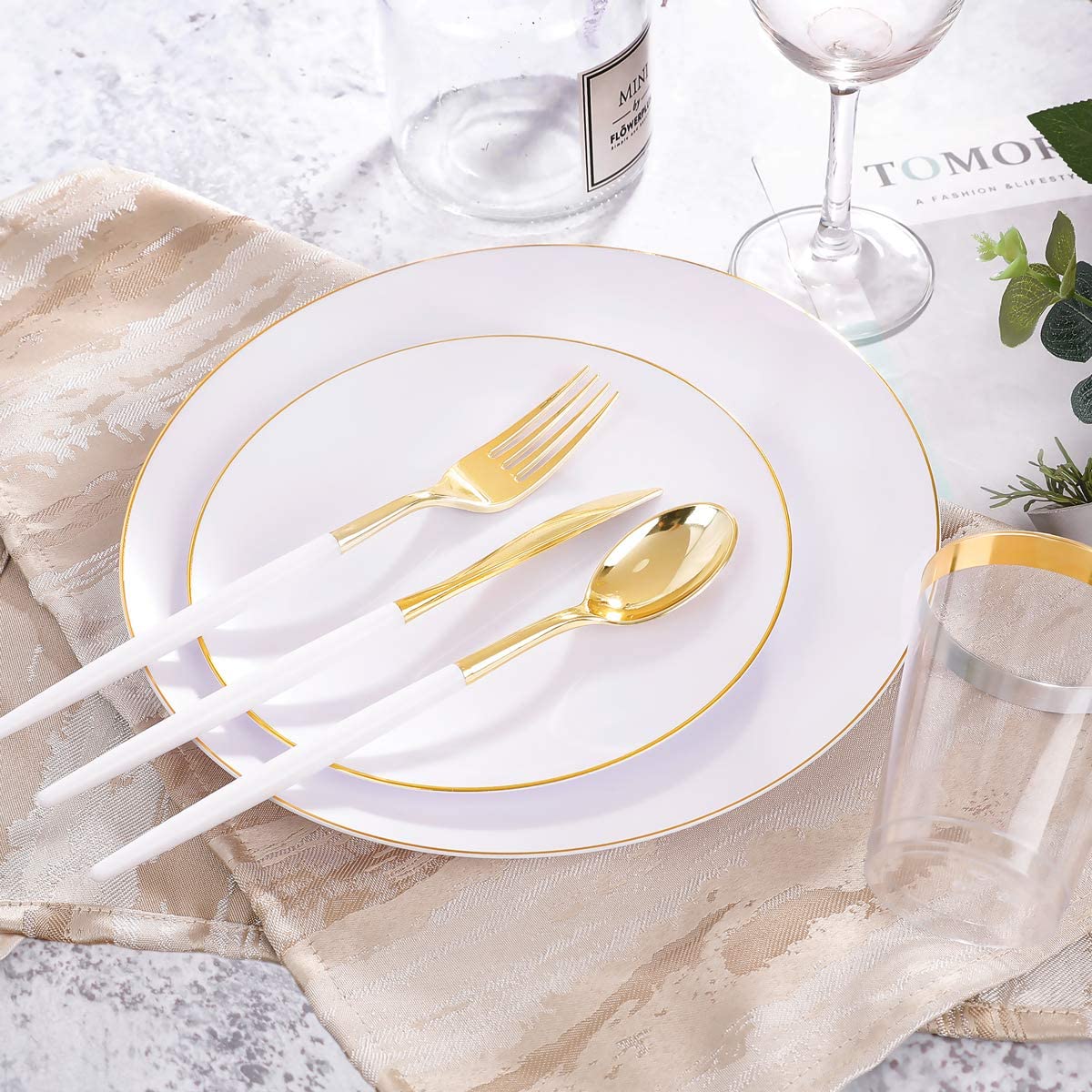 350pcs Gold Plastic Dinnerware Set,Gold Plastic Silverware with White Handle,Disposable White Plastic Plates for Party or Wedding,Clear Cups,Gold Rim Napkins