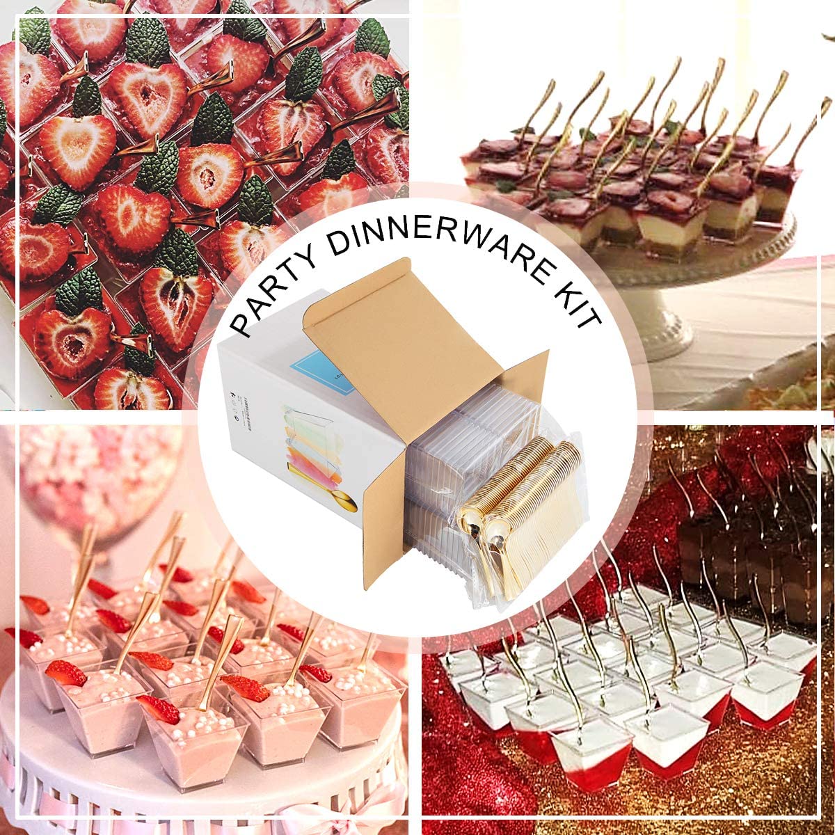 100pcs Square Plastic Dessert Cups (4oz) with 100pcs Mini Gold Plastic Spoons, Plastic Parfait Appetizer Cup, Medium Clear Dessert cups Perfect for Cakes, Ice Cream, Desserts Appetizers