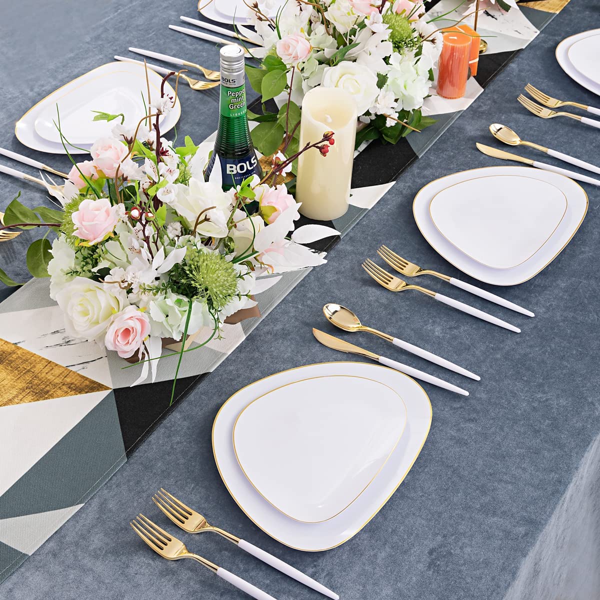 60pcs White Gold Plastic Plates,Gold Plastic Dinnerware Plates,Triangular Gold Plates,includes 30 Gold Plates and 30 Dessert Plates for Wedding and Parties