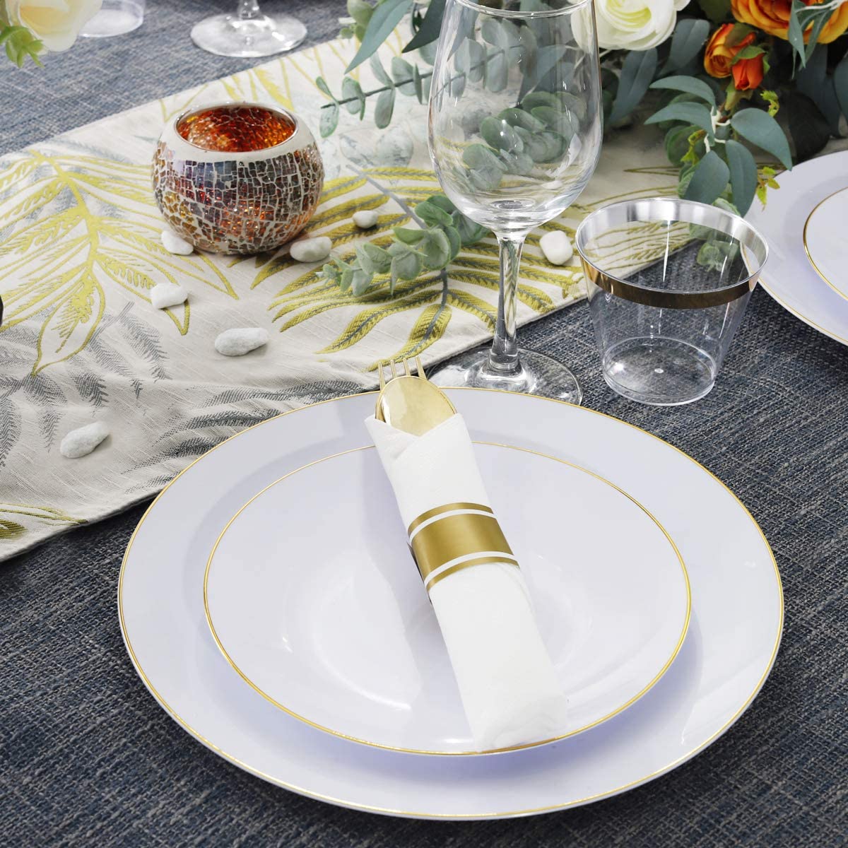 60 Pack Pre Rolled Napkins with Gold Plastic Silverware, Premium Disposable Gold Wrapped Cutlery Set Includes: 60 Forks 60 Knives 60 Spoons 60 Napkin for Party