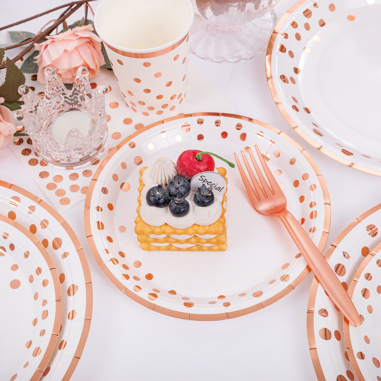 350pcs Rose Gold Plates and Napkins Party Supplies,Happy Birthday Plates and Napkins,Rose Gold Paper Plates,Napkins,Cups,Rose Gold Plastic Forks,Knives,Spoons for Womens Birthday Decorations