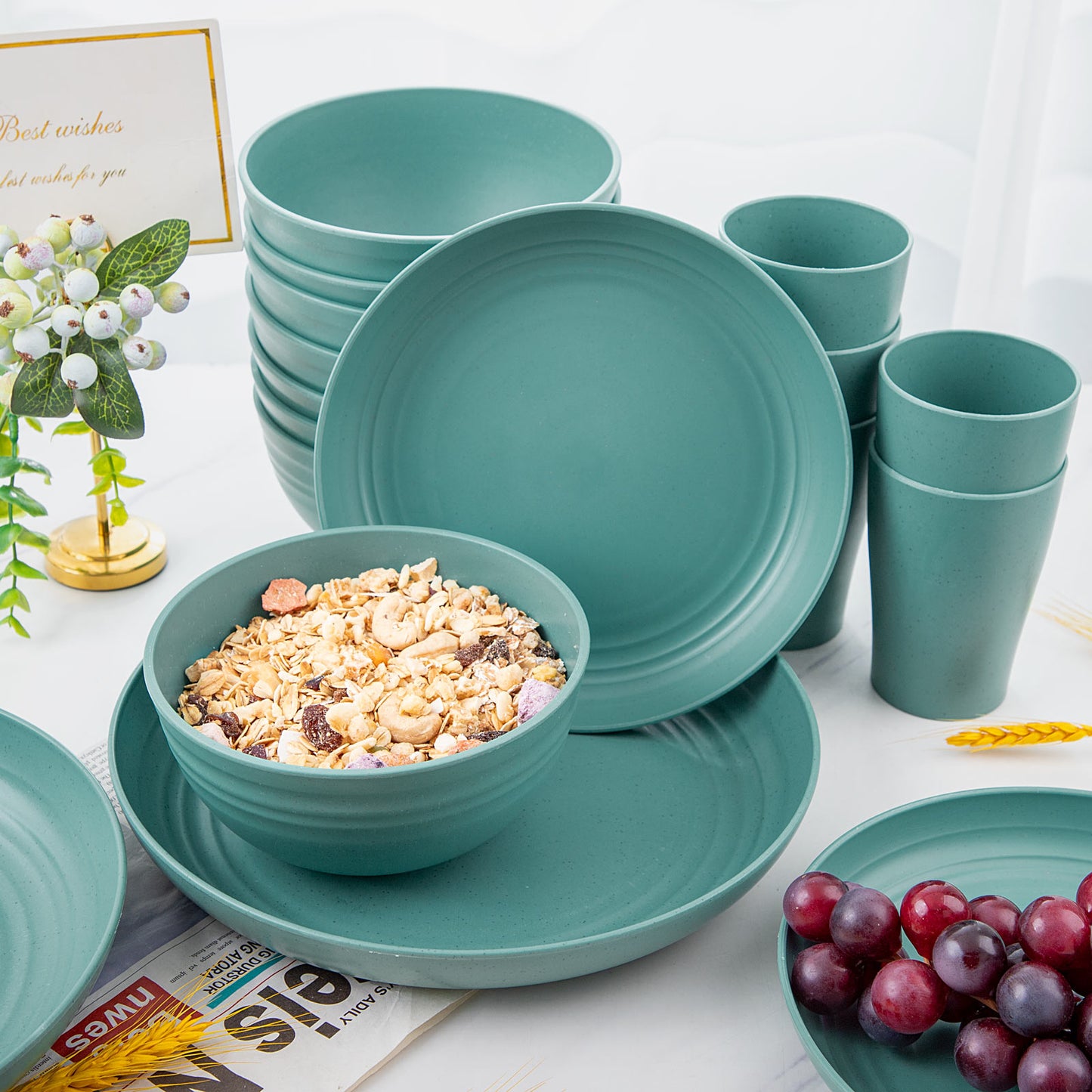 32pcs Wheat Straw Dinnerware Sets,Dinnerware Sets for 8,Unbreakable Dinnerware,Reusable Tableware,Dark Green Set 16pcs Plates, 8pcs Bowls, 8pcs Cups,Microwave Dishwasher Safe