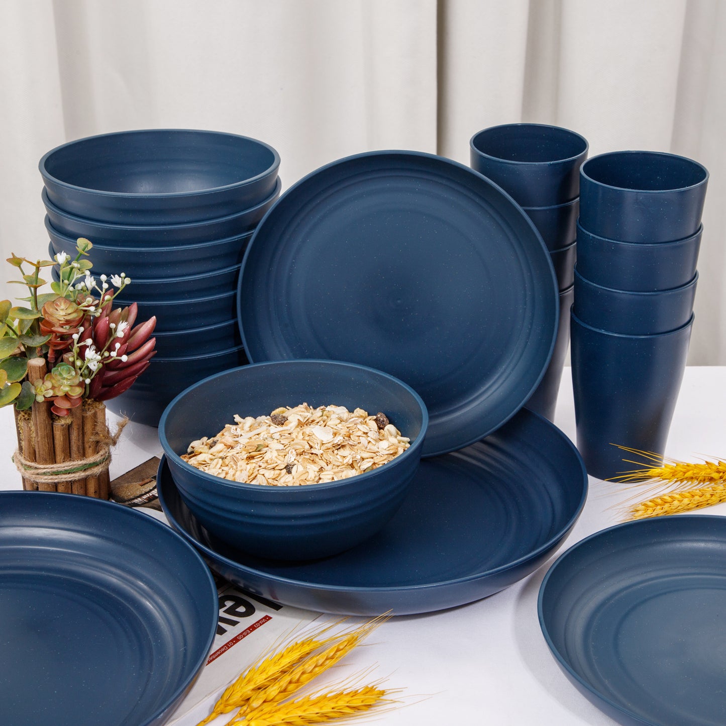 Wheat Straw Dinnerware Sets, Dinnerware Sets for 8, Plates and Bowls Sets, Reusable Dinnerware Set, Microwave Dishwasher Safe, Blue Plastic Dinnerware Sets 16pcs Plates, 8pcs Bowls, 8pcs Cups