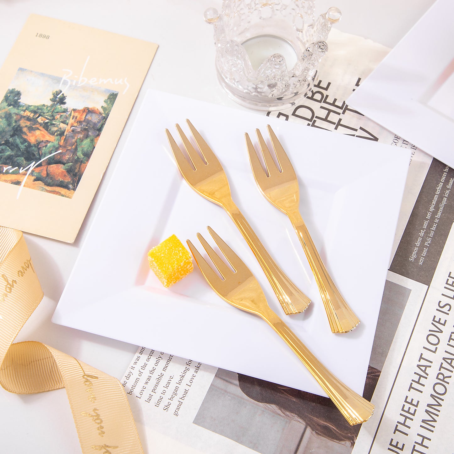 200Pcs White Dessert Plates 6" with Gold Plastic Forks 5.7",White Plastic Square Plates for 100 Guests,Fancy Gold Plates, Including 100 6" Plastic Plates and 100 5.7" Plastic Forks