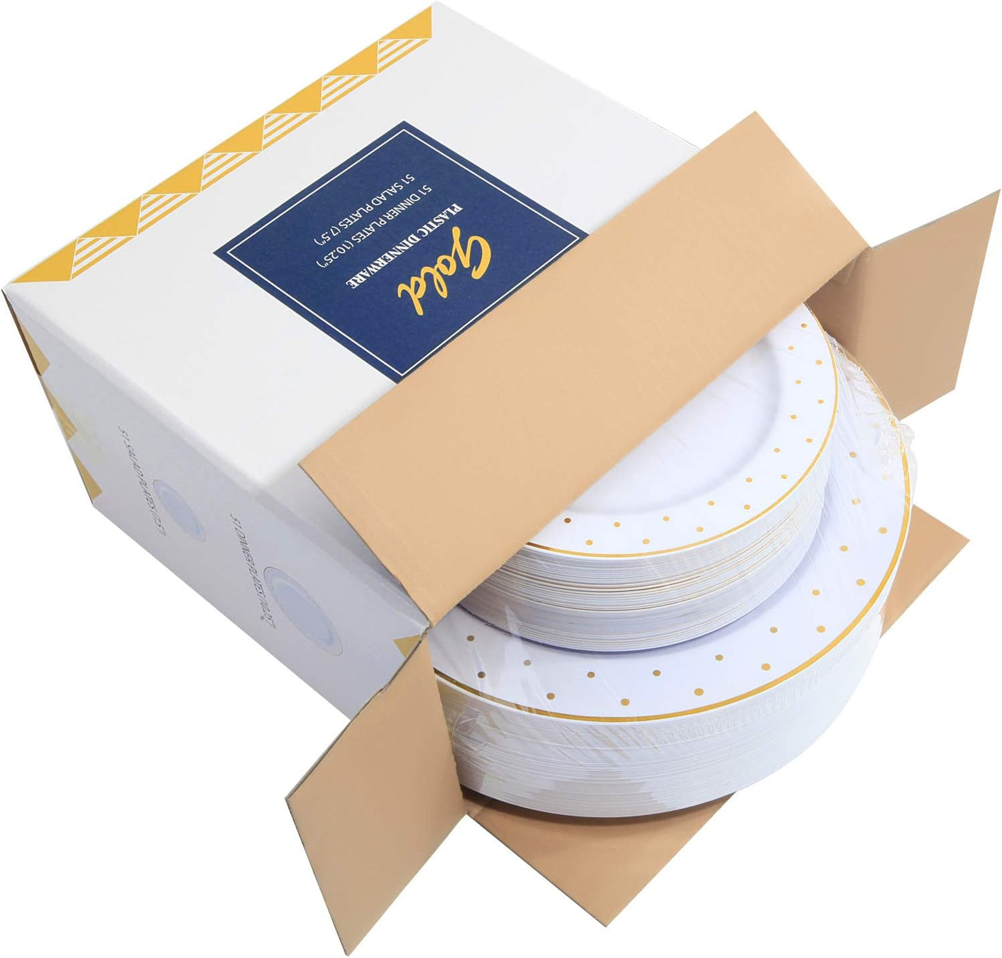 102pcs Gold Plastic Plates, Gold Rim Plates with Gold Point Design, Party Plastic Plates, Gold Dinnerware Suit for Wedding Includes: 51 Dinner Plates 10.25" and 51 Dessert Plates 7.25"