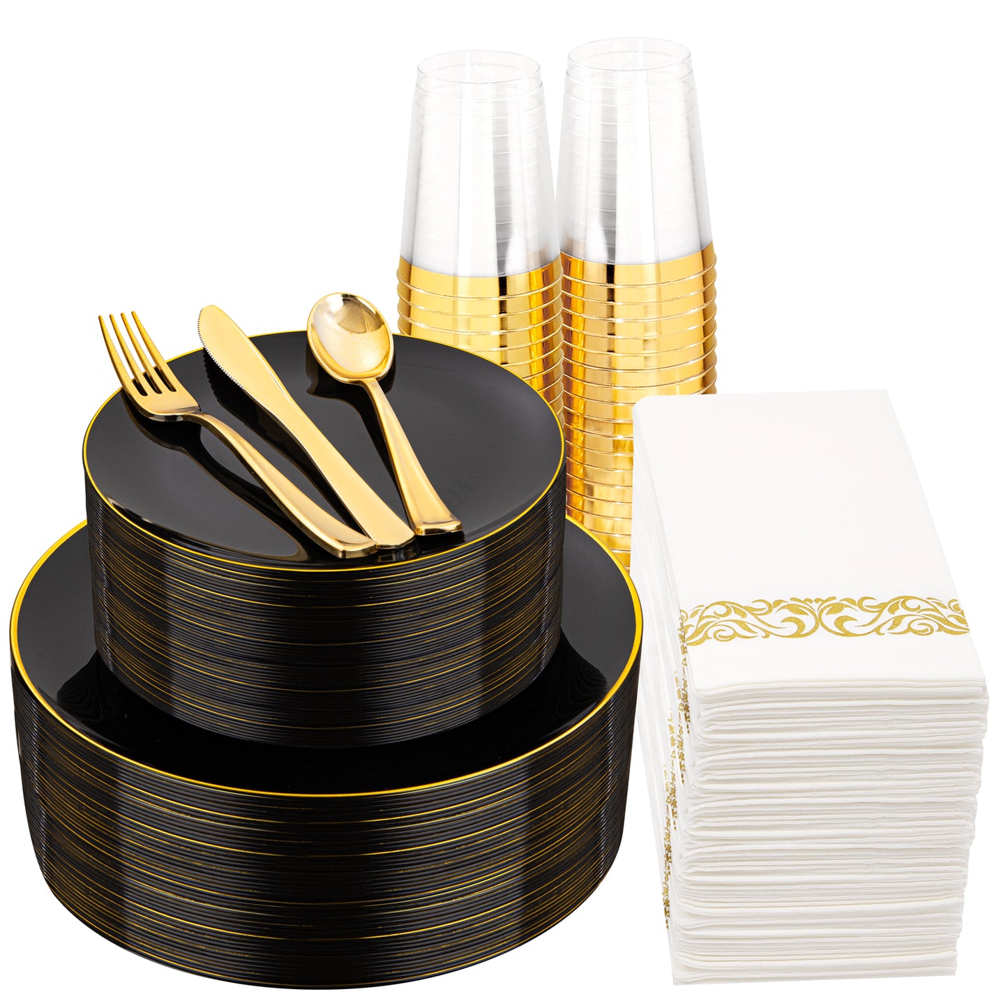 350pcs Black and Gold Plastic Dinnerware Set,Black Plastic Plates with Gold Rim,Black and Gold Plastic Plates,Gold Plastic Silverware,Gold Cups,Great for Birthday,Party,Wedding