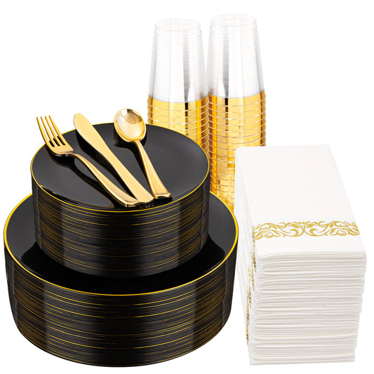 350pcs Black and Gold Plastic Dinnerware Set,Black Plastic Plates with Gold Rim,Black and Gold Plastic Plates,Gold Plastic Silverware,Gold Cups,Great for Birthday,Party,Wedding