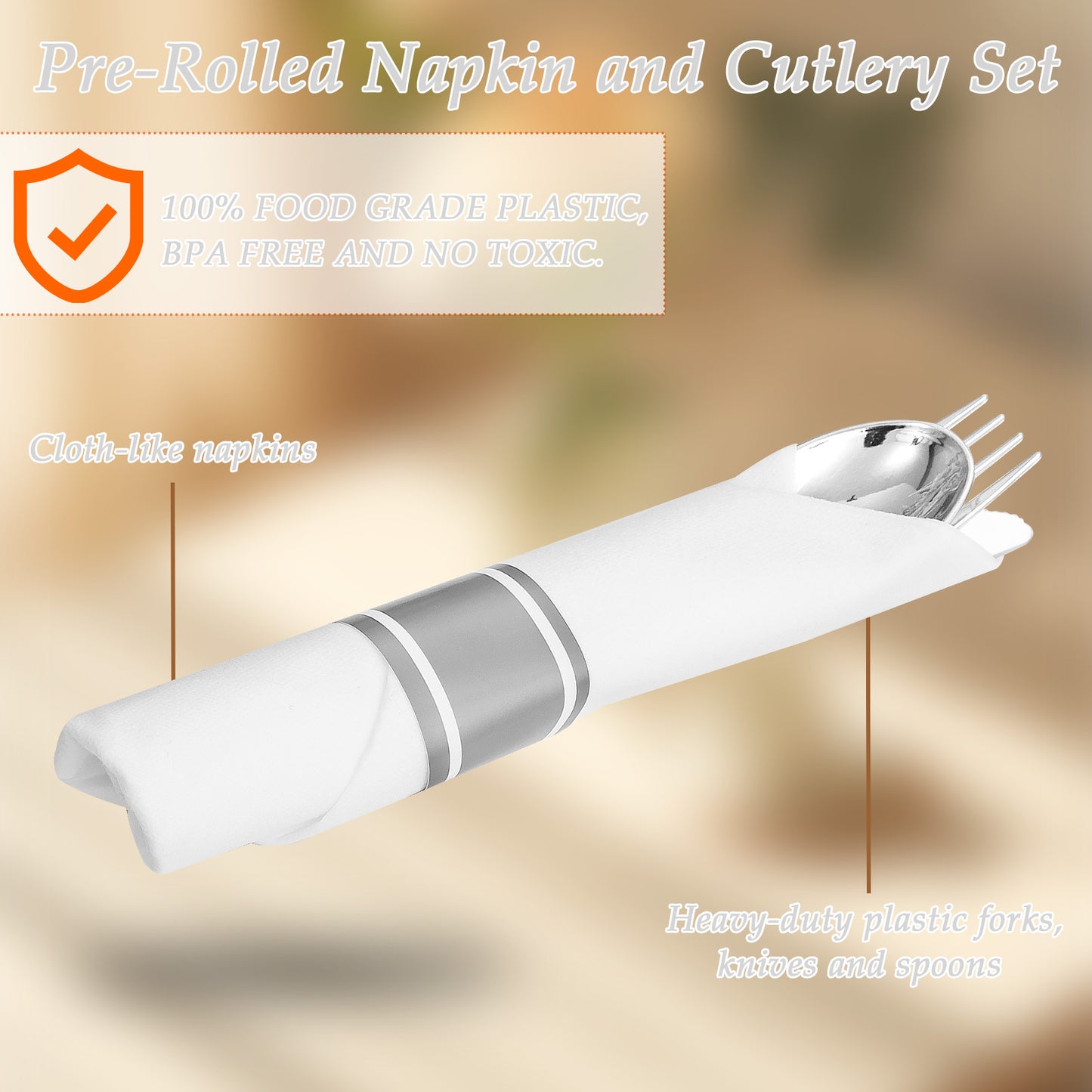 Silver Plastic Silverware,Rolled Plastic Silverware,Pre Rolled Napkins with Plastic Cutlery Set,Wrapped Plastic Cutlery Set with Napkin,Silverware Set Disposable Dinnerware Set 120 Guests